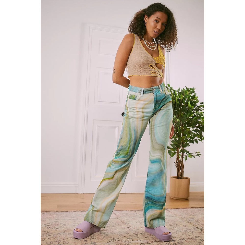 Jaded London Slouchy Fit Marble Print Jeans Blue Green W25 Straight Leg Cotton